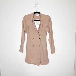 NWT Asos Design Linen Blend Double-Breasted Open Back Romper Women's Tan Size 2